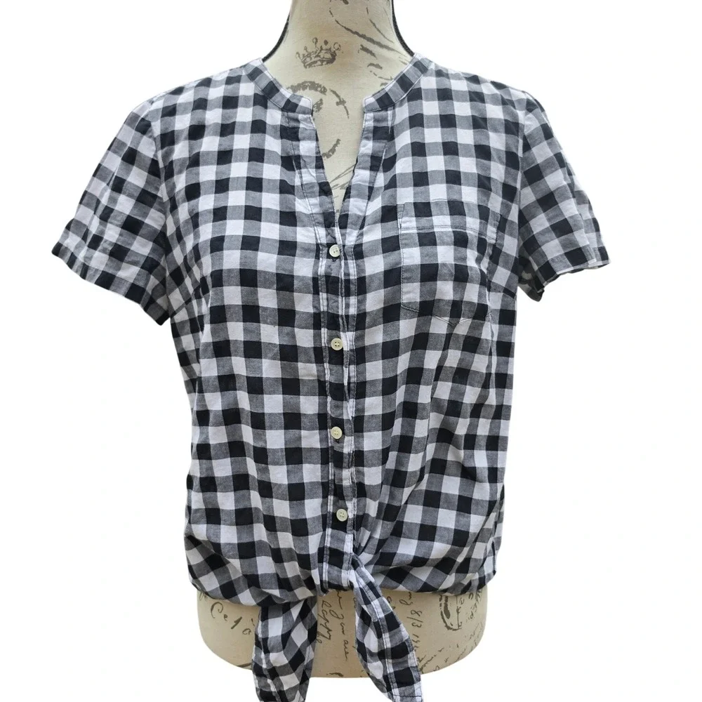 J.Crew Womens Black White Gingham Tie Front Short Sleeve Button Up Shirt Small